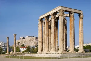 The Temple of Olympian Zeus in Athens with the Parthenon in the background