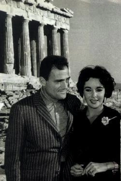 Actress Elizabeth Taylor with third husband Michael Todd standing in front of the Parthenon on the Acropolis of Athens in 1958