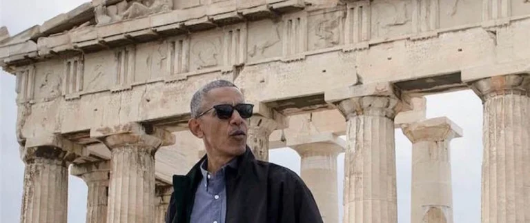 The 44th President of the United States Barack Obama standing in front of the Parthenon on the Acropolis of Athens in 2016