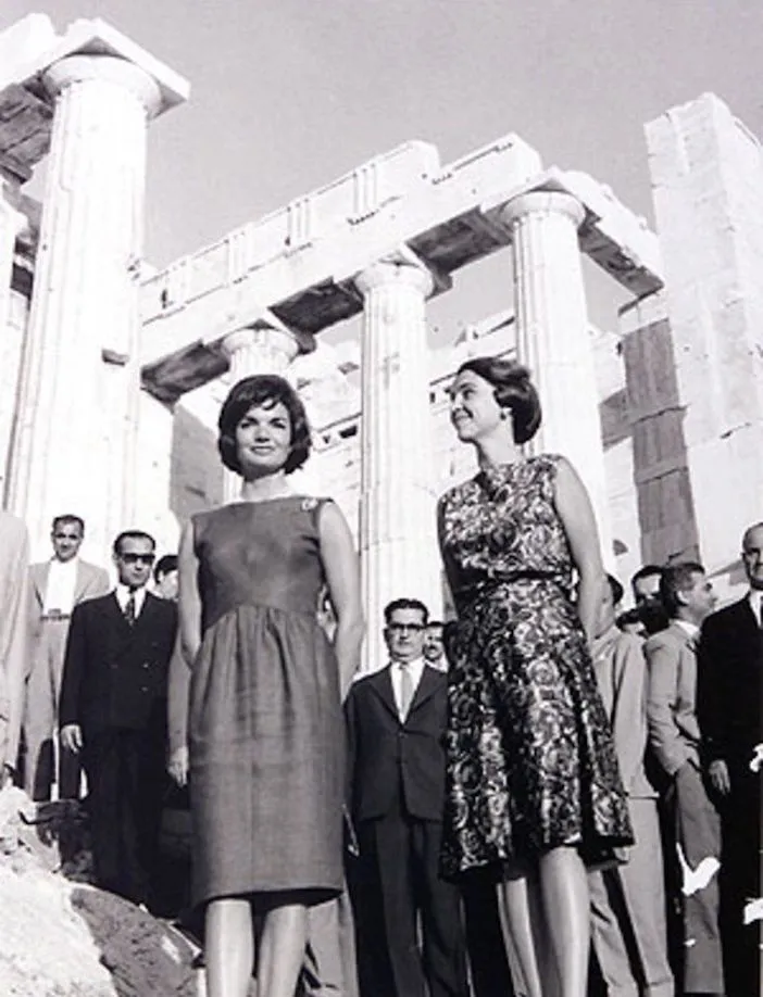 American socialite, writer, photographer, and first lady of the United States Jackie Kennedy standing in front of the Parthenon on the Acropolis of Athens in 1961