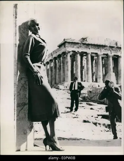 American actress, singer, nightclub entertainer, and Playboy Playmate Jayne Mansfield standing in front of the Parthenon on the Acropolis of Athens in 1957