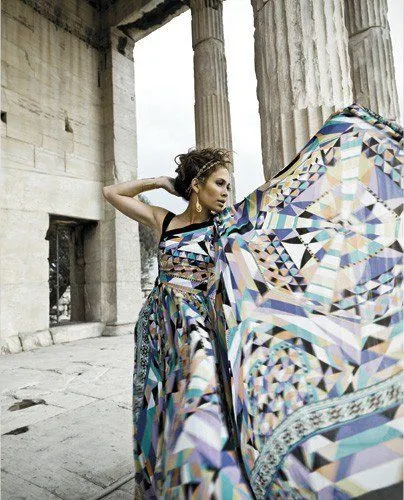 American singer, actress, and dancer Jennifer Lopez standing in front of the Parthenon on the Acropolis of Athens in 2008 during a photo shoot