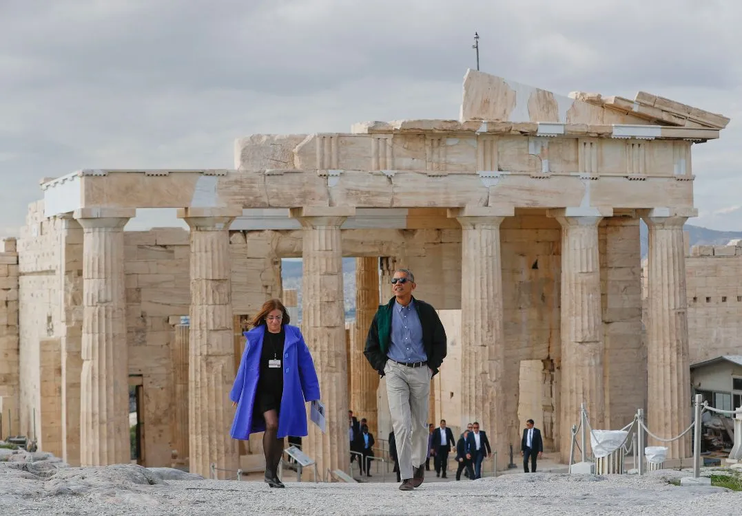 The 44th President of the United States Barack Obama standing in front of the Parthenon on the Acropolis of Athens in 2016