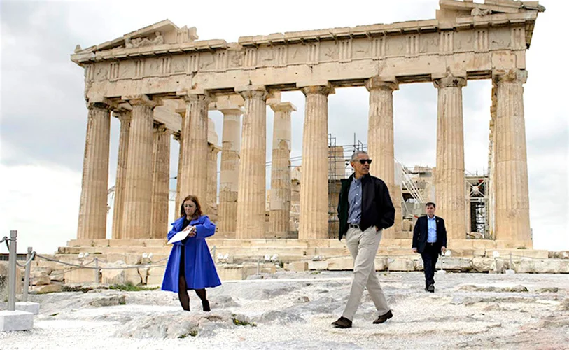 The 44th President of the United States Barack Obama standing in front of the Parthenon on the Acropolis of Athens in 2016