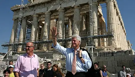 The 42nd President of the United States Bill Clinton standing in front of the Parthenon on the Acropolis of Athens in 2007