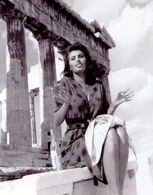 The famous actress and celebrity Sophia Loren sat in front of the Parthenon on the Acropolis of Athens in 1956