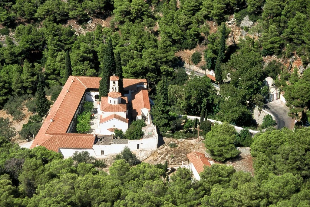 Looking down on the Monastery of the life-giving Spring, on the Greek island of Poros in the southern part of the Saronic Gulf. It's Also known as Moni Zoodochou Pigis Monastery