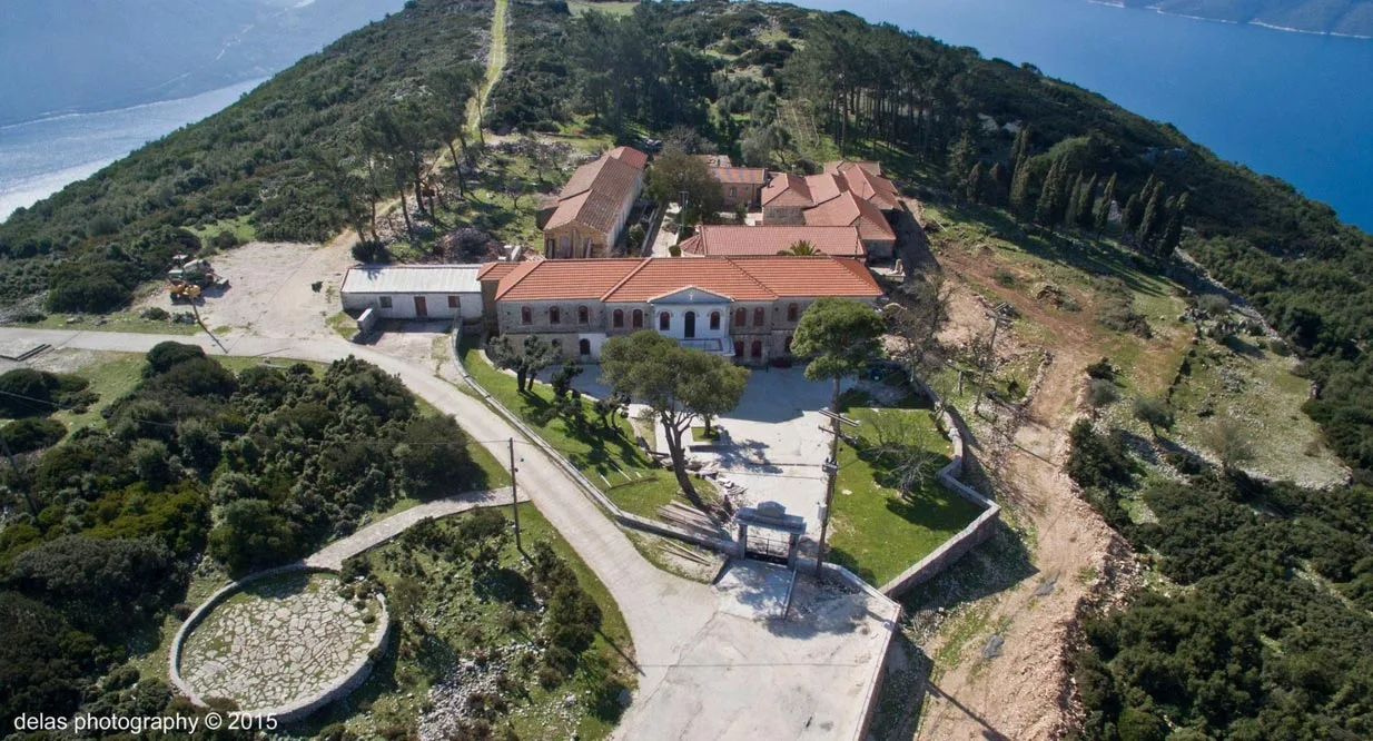 Looking down on the Moni Katharon Monastery on the Greek island of Ithaki in the Ionian Sea.