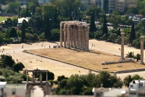 Looking down onto the Temple of Olympian Zeus in Athens from the Acropolis of Athens