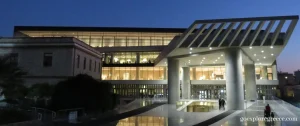 My Choice for the top things to see at the Acropolis Museum in Athens is this photo of the front of the museum taken at night.