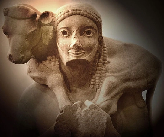 Close-up of the Calf Bearer (Moschophoro) at the Acropolis Museum