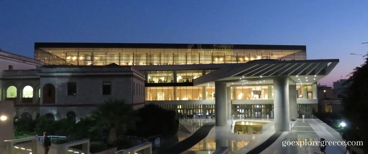 The Acropolis Museum building in Athens, Greece from the front at night