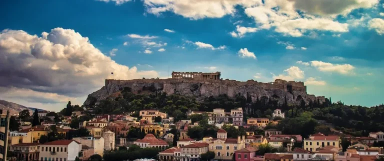 A view of the Acropolis of Athens with the Parthenon on top above the town of Anafiotika and the neighbourhood of Monastiraki is one of the best free free things to do in Athens