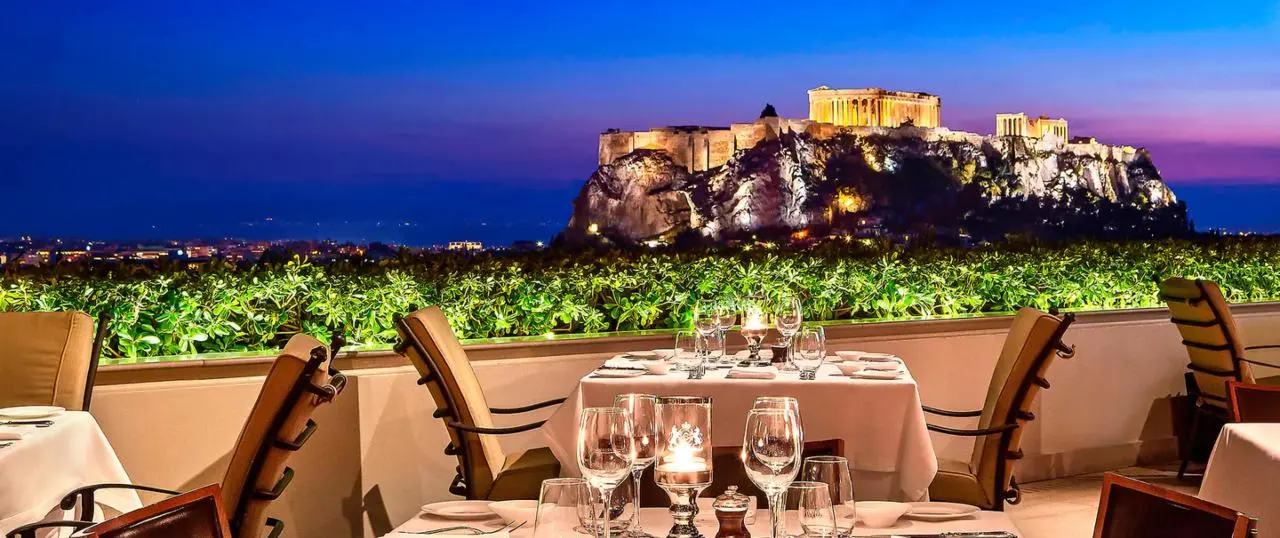 View of the Acropolis from the Grande Bretagne Hotel, one of the 5-star hotels in Athens