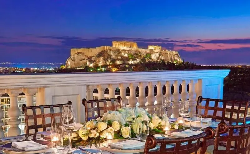 View of the Acropolis of Athens at night from one of the rooms at the King George Hotel in Athens