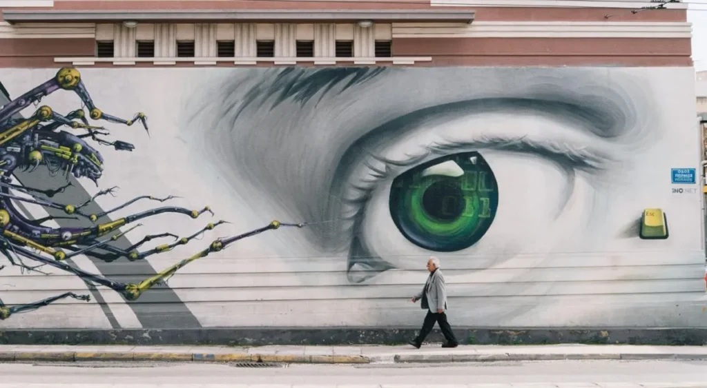 The all-seeing-eye street art in the Athens neighbourhood of Psirri