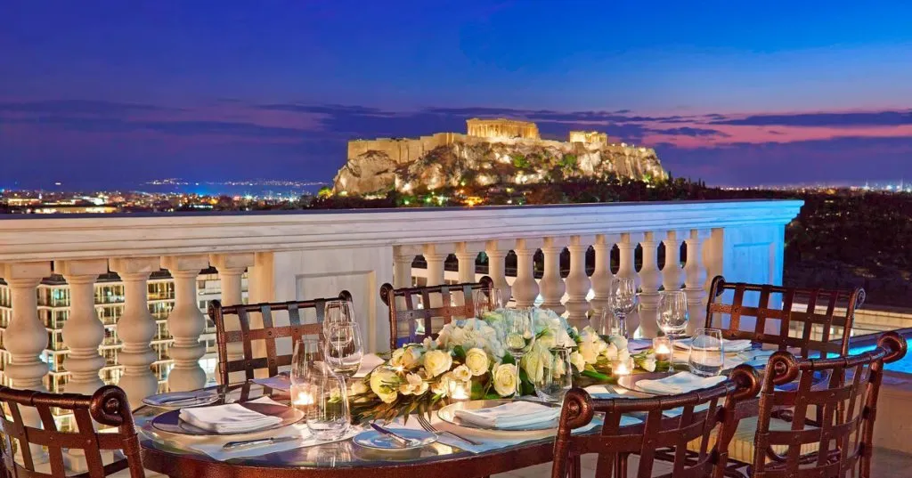 View of the Acropolis of Athens at night from one of the rooms at the King George Hotel in Athens