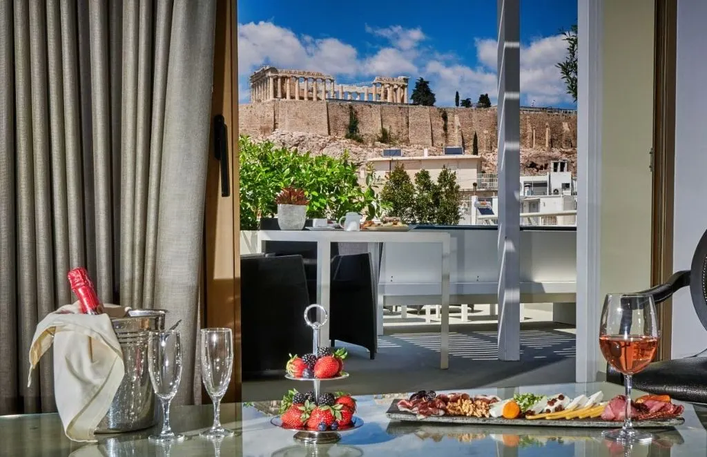 View of the Acropolis of Athens from one of the rooms at the Divani Palace Hotel Athens