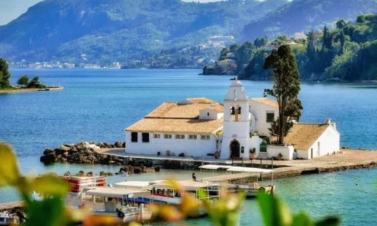 Holy Monastery of Panagia Vlacherna on the Greek island of Corfu, also known as the Church of Panagia Vlacherna sits like a dreamy enigma on its very own mini-island and is one of the best churches in Corfu