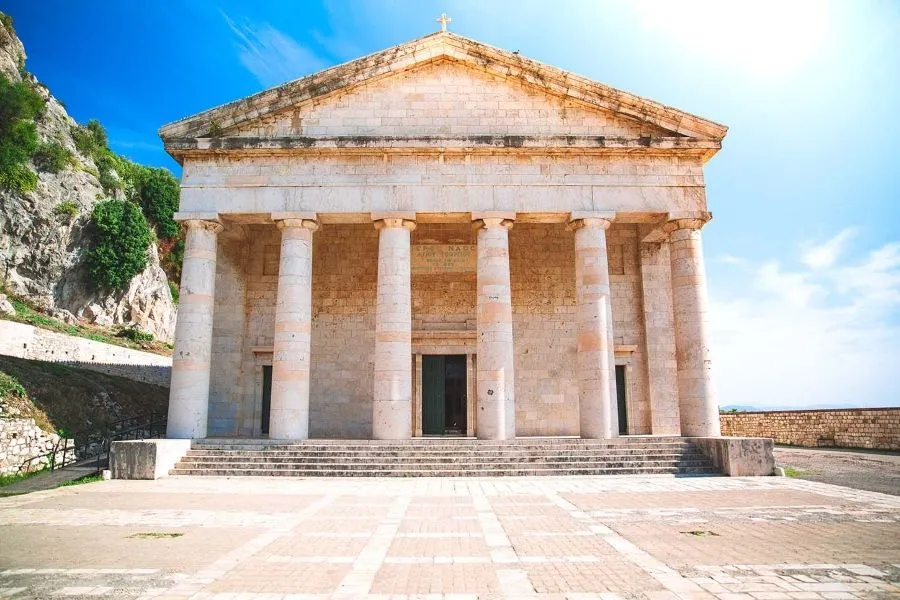 The famous Holy Church of Saint George which looks like a Greek temple. Situated on the Greek island of Corfu in the Ionian Islands, Greece