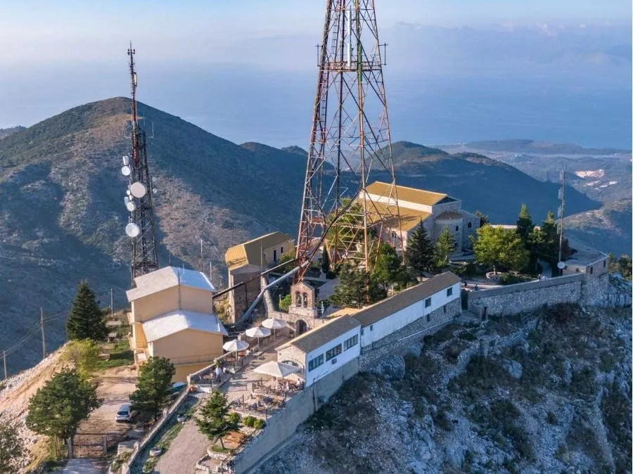 Looking down from above at the Monastery of Pantokrator built on Mount Pantokrator on the Greek island of Corfu in the Ionian Islands Greece. It's one of the highest Churches in Corfu