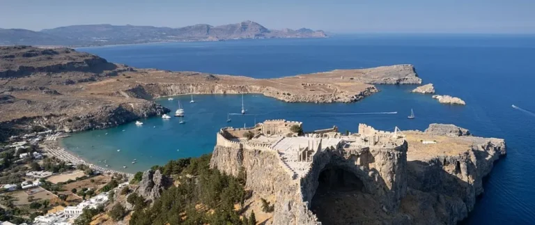 Looking down down from above at the Lindos Acropolis, Rhodes