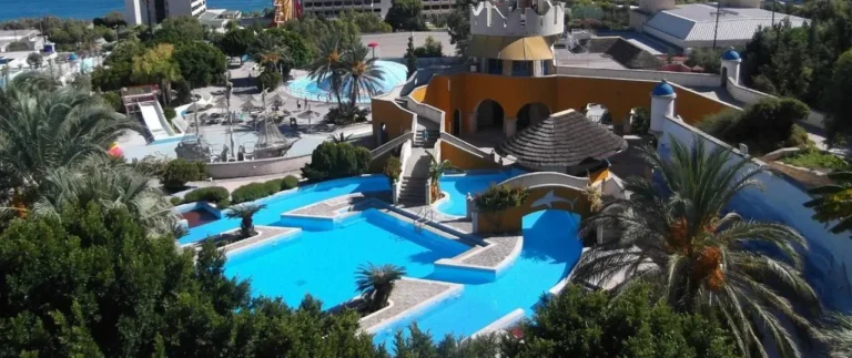 Looking down from above at the slides and tubes in the Rhodes Waterpark Faliraki