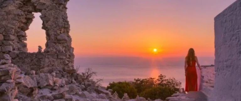 Sunset at the castle of Monolithos on the Greek island of Rhodes in the Dodecanese