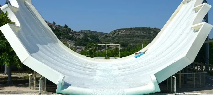 The giant white half-pipe slide at the Rhodes Waterpark Faliraki