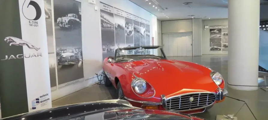 1974 Red Jaguar E-Type Series III V12 Roadster at the Hellenic Motor Museum in Athens