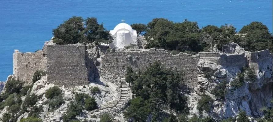 The small white church at the Castle of Monolithos on the Greek island of Rhodes