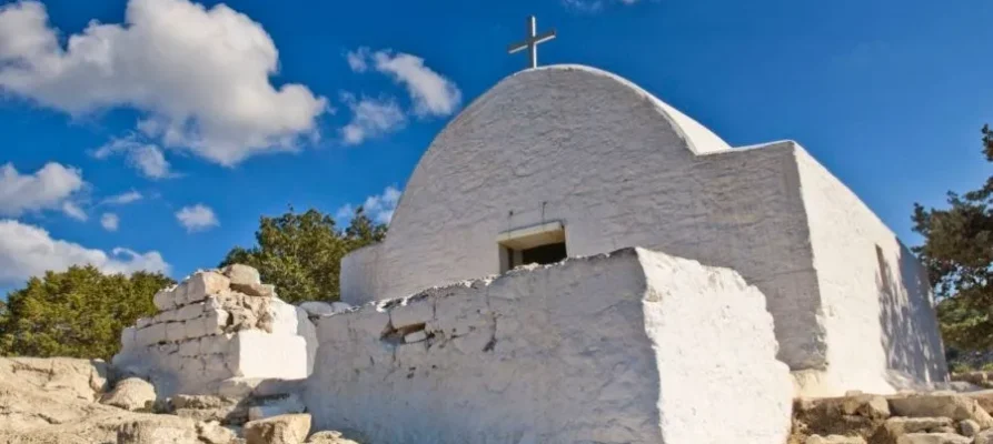 The small white church at the Castle of Monolithos on the Greek island of Rhodes