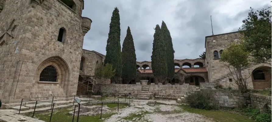 A cloudy day in the courtyard at the Filerimos Monastery on the Greek island of Rhodes in the Dodecanese