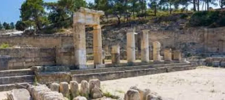 Looking at several columns at Ancient Kamiros, Rhodes