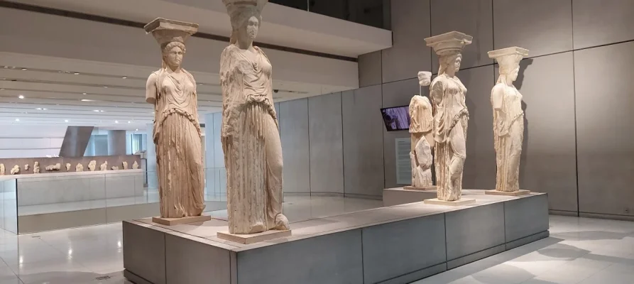 Side view of The Caryatids at the Acropolis Museum in Athens