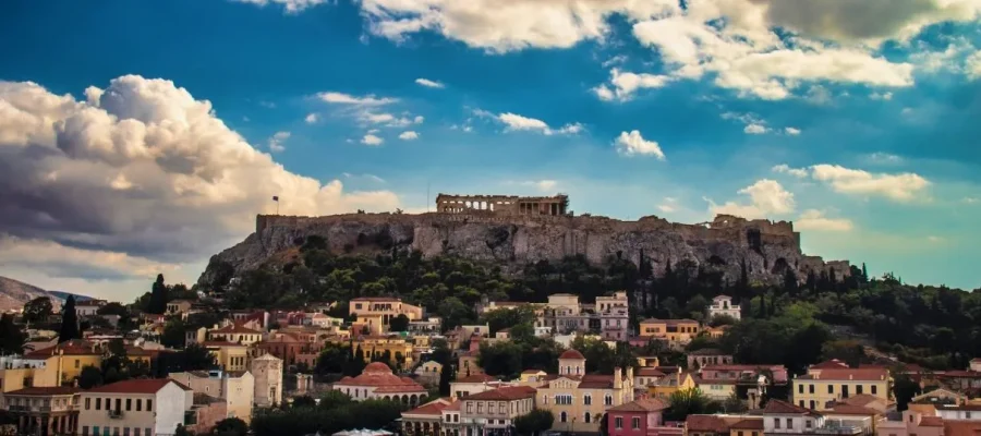 A view of the Acropolis of Athens with the Parthenon on top above the town of Anafiotika and the neighbourhood of Monastiraki is one of the best free free things to do in Athens