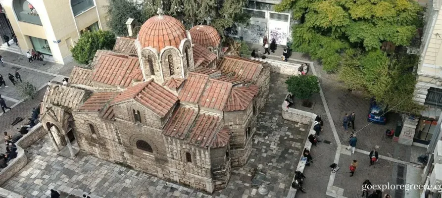 Looking down from above at the Church of Panagia Kapnikarea. It's one of the most beautiful churches in Athens