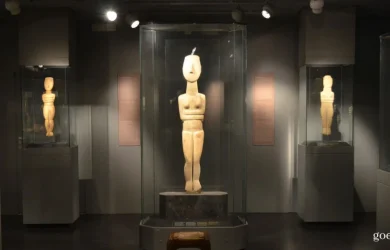 Inside the Museum of Cycladic Art in Athens and looking at one of the exhibitions