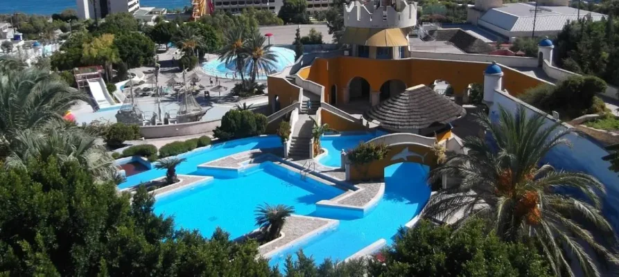 Looking down from above at the slides and tubes in the Rhodes Waterpark Faliraki