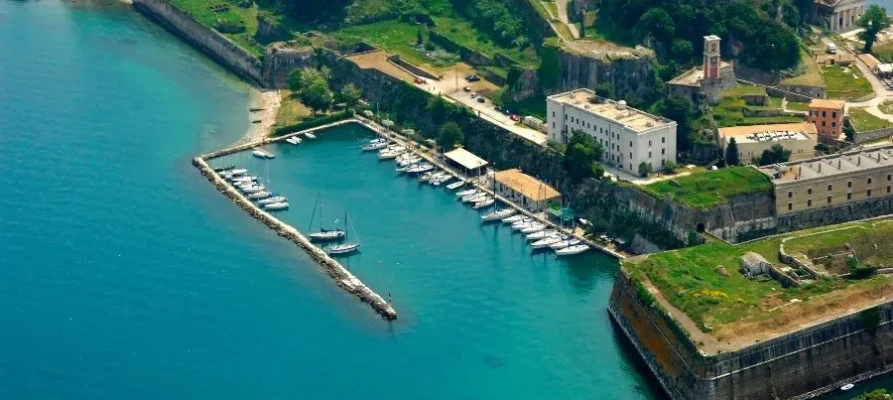 Looking down from above at the Mandraki Marina and Port harbour