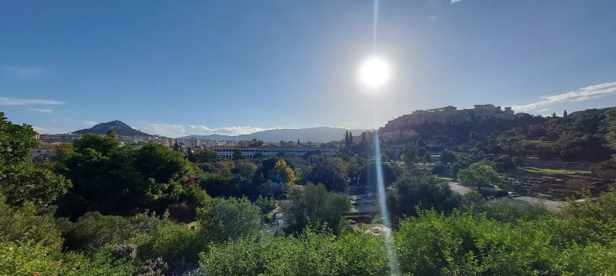 Lycabettus Hill, Stoa of Attalos, and the Acropolis of Athens as viewed the Temple of Hephaestus in the Ancient Agora of Athens