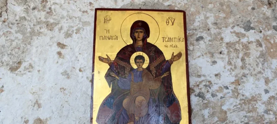 Religious icon on the wall at the Tsambika Monastery, Rhodes, Greece