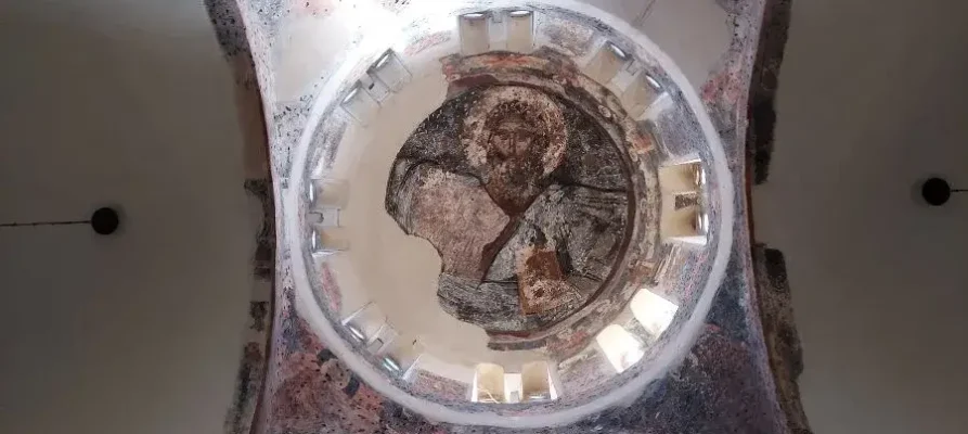 Lookin up at the dome inside the church of the holy apostles in the Ancient Agora of Athens