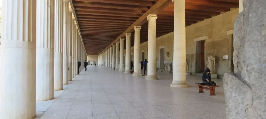 Inisde the Stoa of Attalos at the Ancient Agora of Athens viewing the many columns