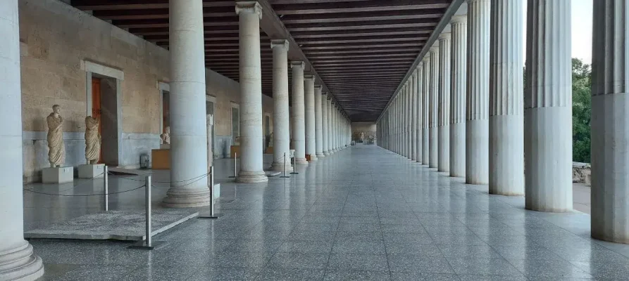 Inisde the Stoa of Attalos at the Ancient Agora of Athens viewing the many columns