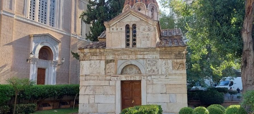 The Little Metropolis Church in Athens with the Metropolitan Cathedral of Athens in left background