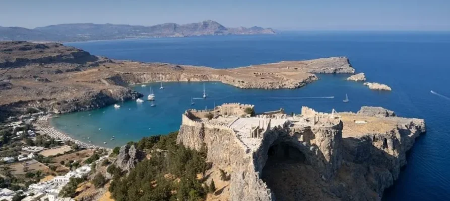 Looking down down from above at the Lindos Acropolis, Rhodes