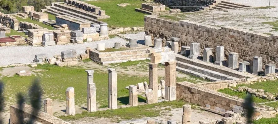 Looking down at the archaeological ruins of Ancient Kemiros, also known as the Archaeological site of Kemiros, Rhodes, Dodecanese