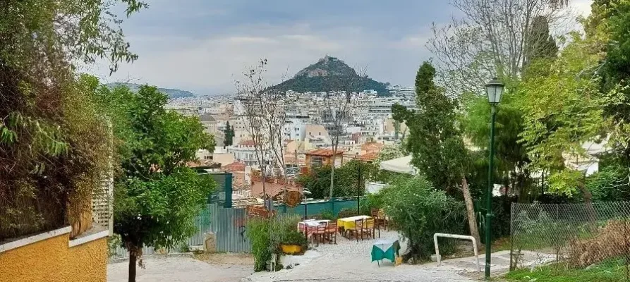 Lycabettus Hill in Athens as viewed from a street near to the Observatory of Athens