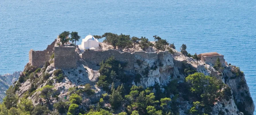 Monolithos Castle on the Greek island of Rhodes in the Dodecanese, with a view of the sea in the background